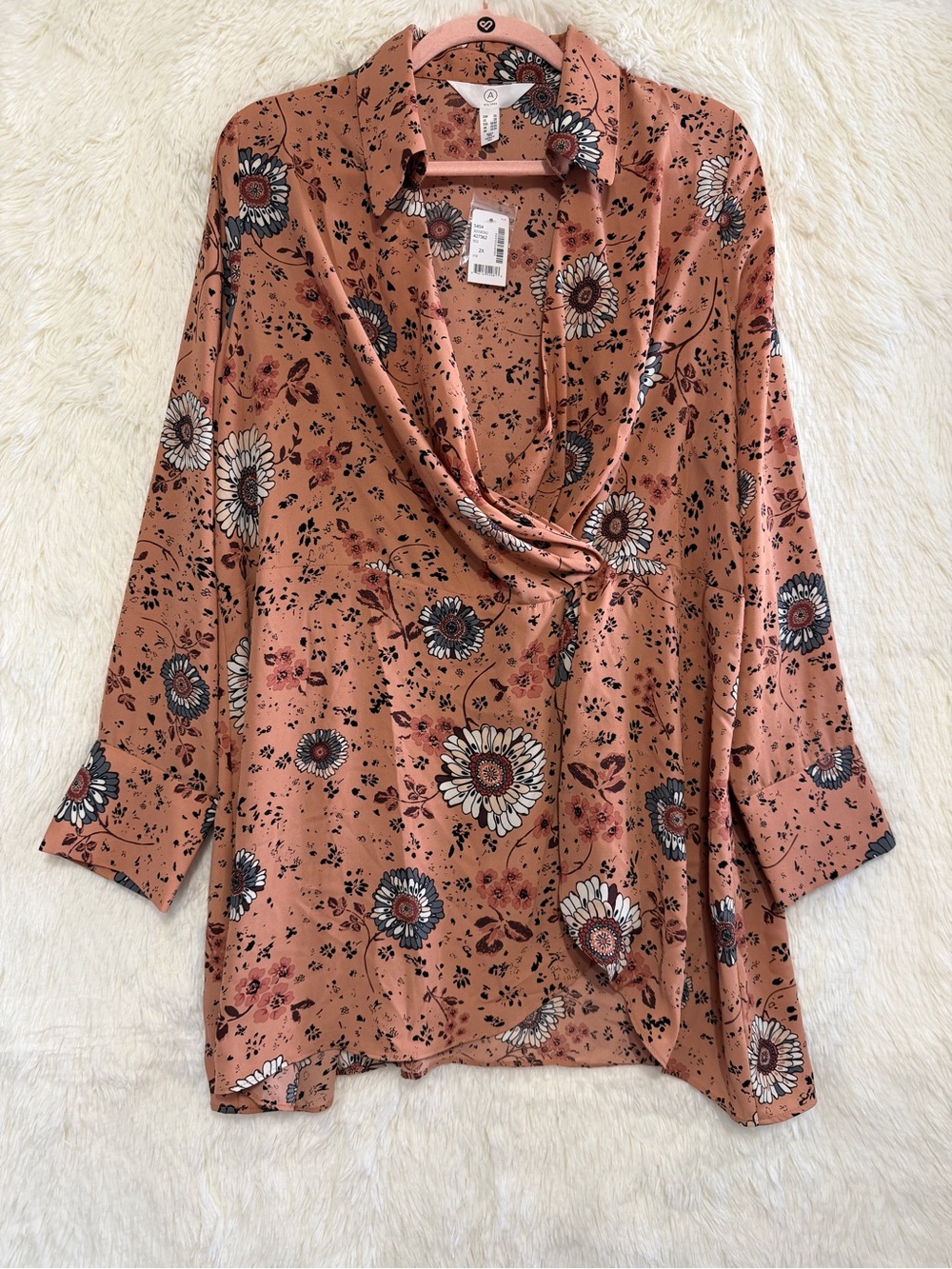 Addition Elle Womens Cottagecore Faux Wrap Floral Blouse Size 2XL Orange Office